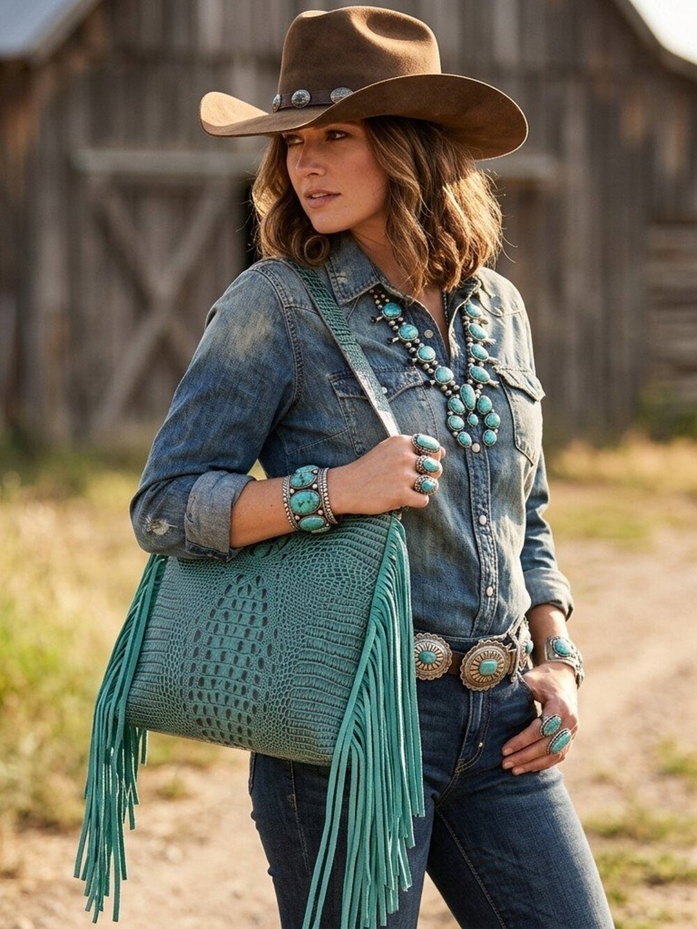 American Darling Turquoise Croc Fringe Shoulder Bag